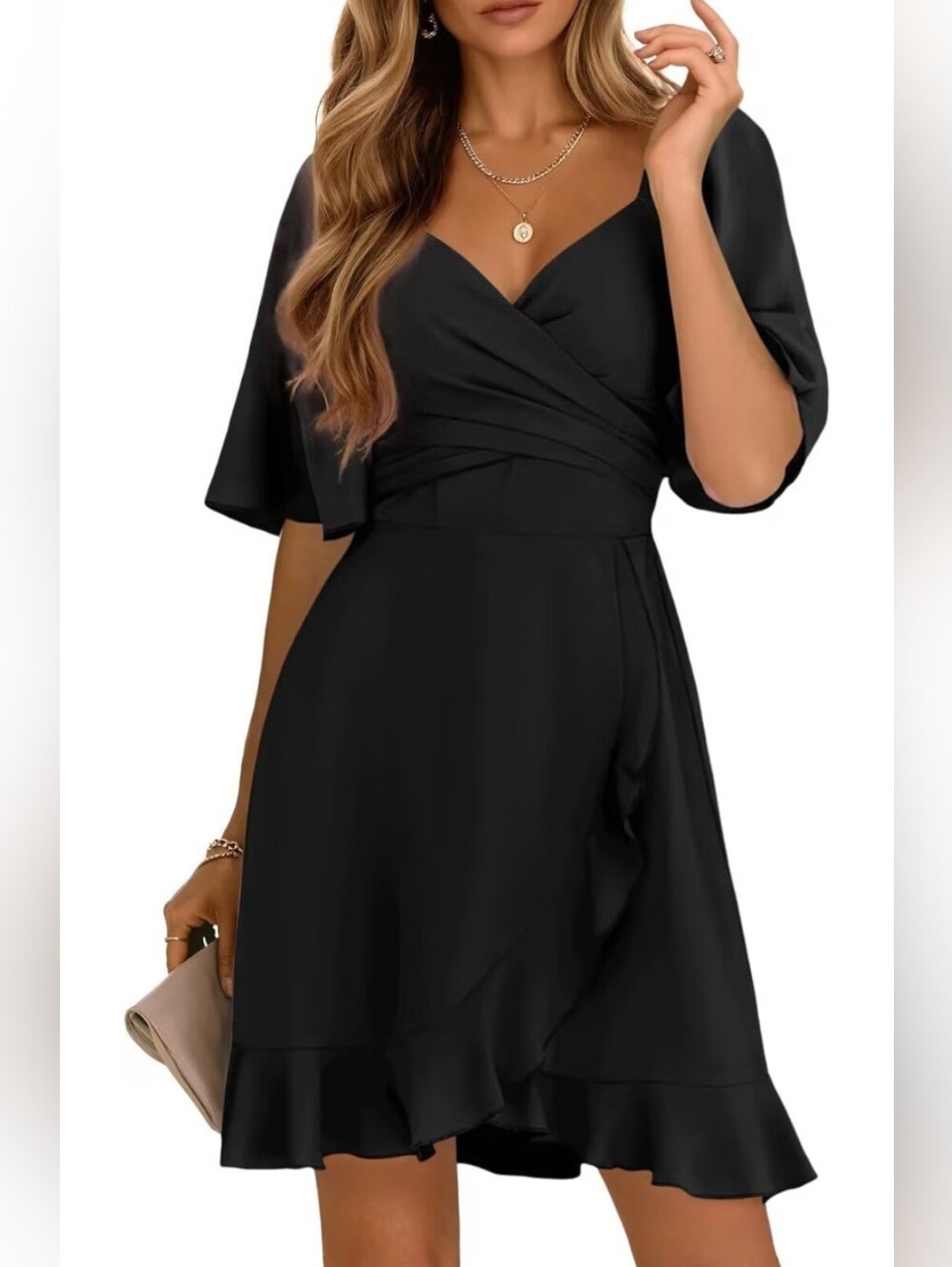 Dokotoo Women's Wrap V Neck Short Flared Sleeve Dress Smocked Black Size Large